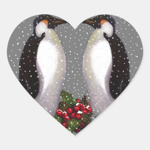 Weihnachtspinguine in Snow, Holly: Kunst Herz-Aufkleber