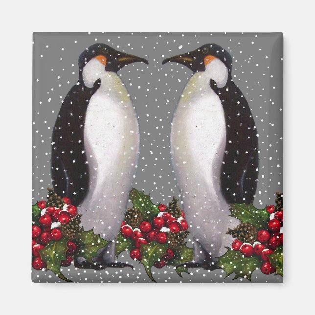 Weihnachtspinguine in Snow, Holly: Kunst Magnet (Vorne)