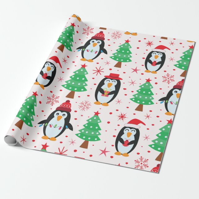 Weihnachtspinguine mit Pine Trees Pattern Geschenkpapier (Ungerollt)
