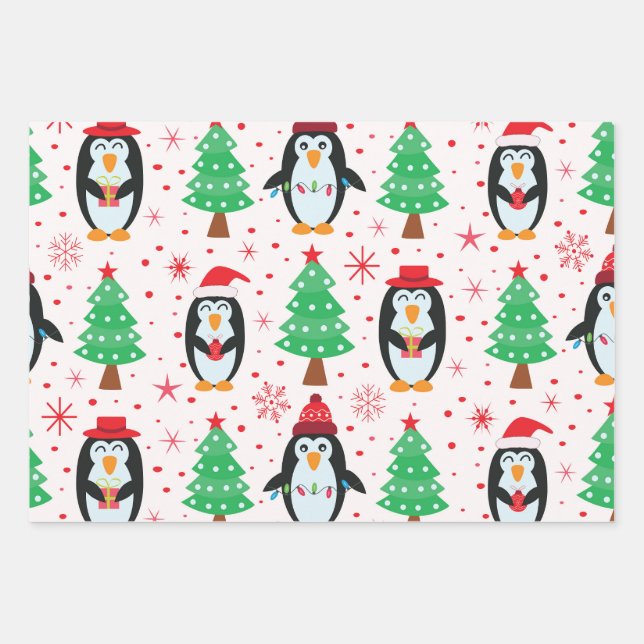 Weihnachtspinguine mit Pine Trees Pattern Geschenkpapier Set (Vorderseite)