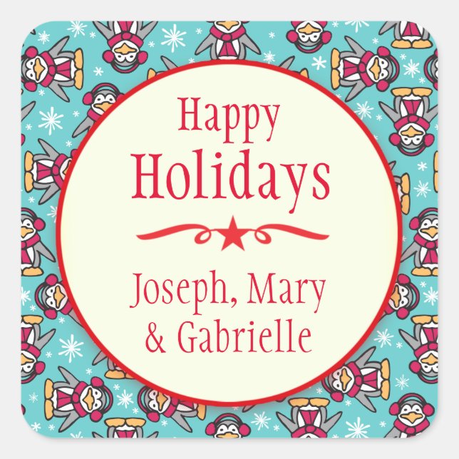 Weihnachtspinguine Namensschild Quadratischer Aufkleber (Vorderseite)