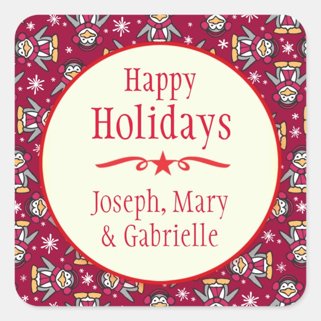 Weihnachtspinguine: Roter Weihnachtsgeschenk-Aufkl Quadratischer Aufkleber (Vorderseite)
