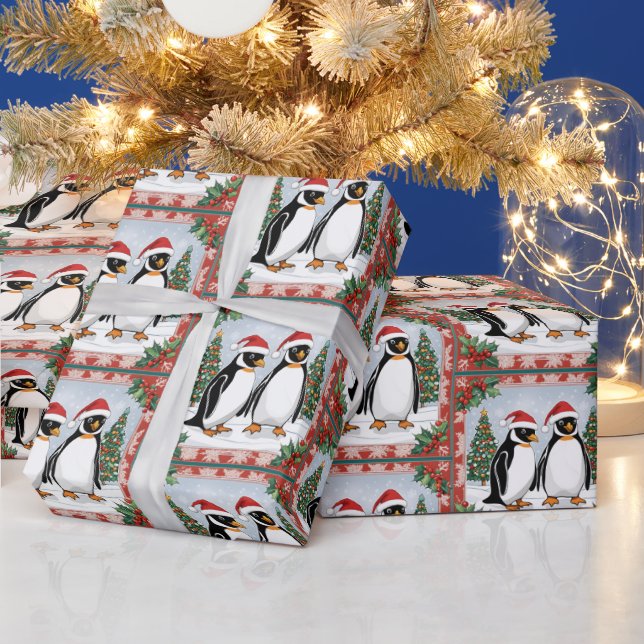 Weihnachtspinguine und Weihnachtsbaum  Geschenkpapier (Feiertage)