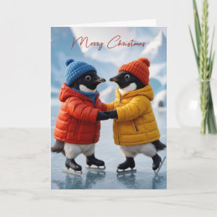 Weihnachtspinguinpaar beim Eislaufen  Karte