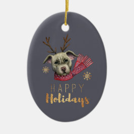 WeihnachtsPitbull-Hund mit den Geweihen Keramik Ornament