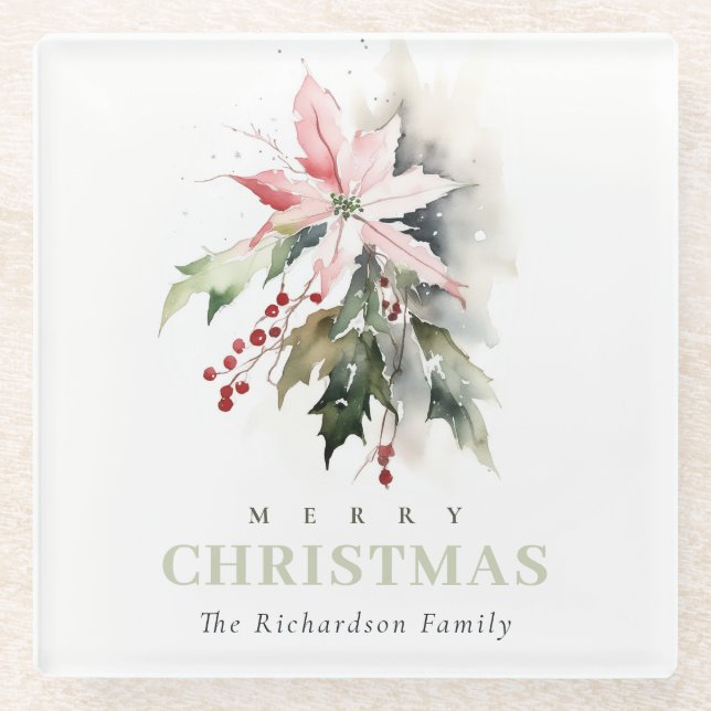 Weihnachtspoinsettia Berries Folies Wasserfarbe Glasuntersetzer (Vorderseite)