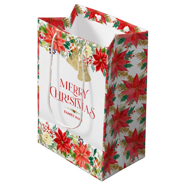 Weihnachtspoinsettia-Muster und Typografie Mittlere Geschenktüte (Vorderseite Schrägansicht)