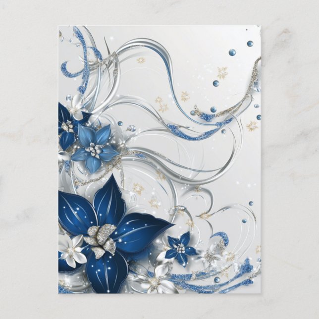 WEIHNACHTSPOINSETTIE BLAU / WEISS #1 FEIERTAGSPOSTKARTE (Vorderseite)