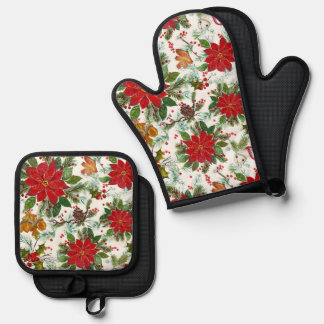 Weihnachtspoinsettien Glocken Eicheln Pinienzapfen Ofenhandschuh & Topflappen-Set