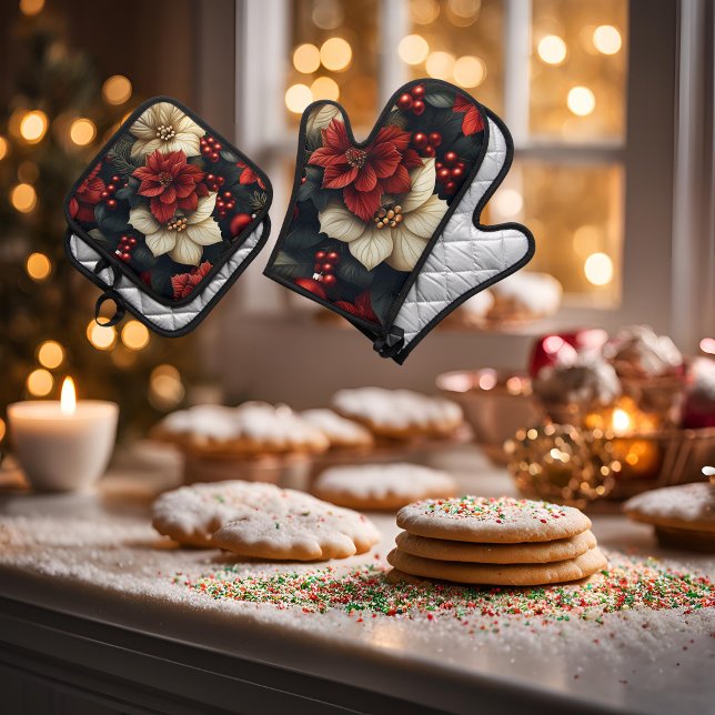 Weihnachtspoinsiettia Ofenhandschuh & Topflappen-Set (Serve your Christmas Dinner in style with these beautiful Poinsettia ovent mitts & pot holders!)