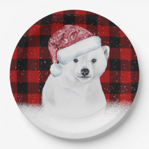 Weihnachtspolarbär auf Buffalo Kariert Pappteller