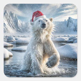 Weihnachtspolarbär in arktischem Wasser Quadratischer Aufkleber