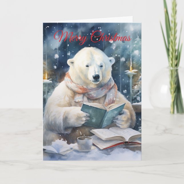Weihnachtspolarbär lesend feiertagskarte (Vorderseite)