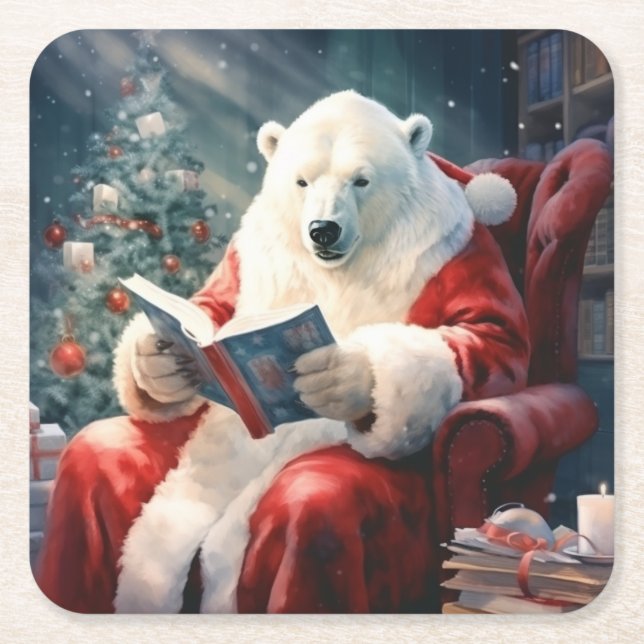 Weihnachtspolarbär lesend rechteckiger pappuntersetzer (Vorderseite)