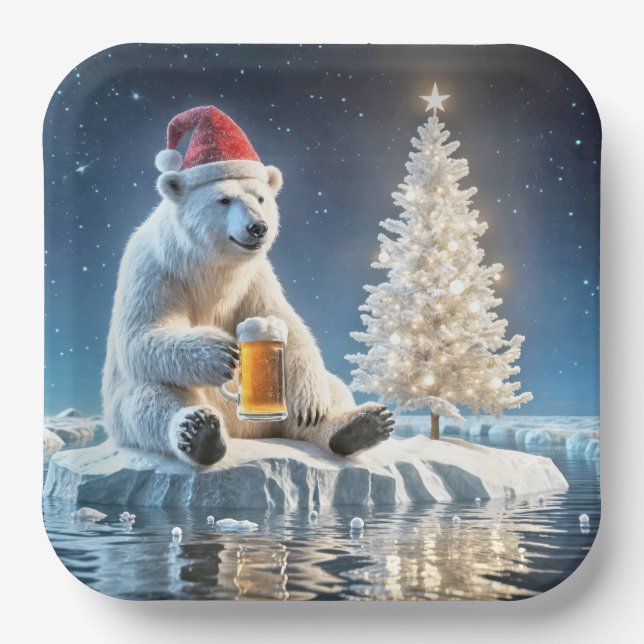 Weihnachtspolarbär mit Bier Pappteller (Vorderseite)