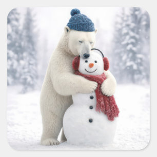 Weihnachtspolarbär umarmt einen Schneemann Quadratischer Aufkleber