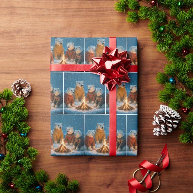 Weihnachtspolarebären um ein Lagerfeuer Geschenkpapier (Feiertagsgeschenk)
