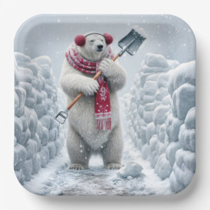 Weihnachtspolareisbär schippt Schnee Pappteller