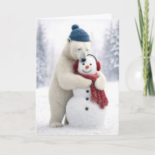 Weihnachtspolareisbär umarmt einen Schneemann Karte