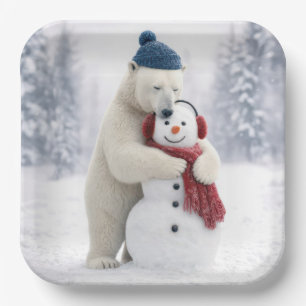 Weihnachtspolareisbär umarmt einen Schneemann Pappteller