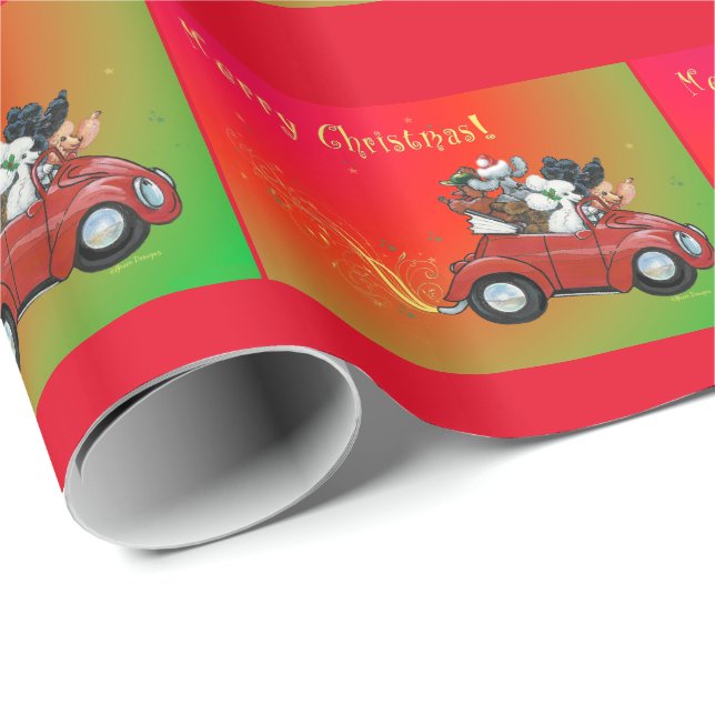Weihnachtspoodles Vintage Car Geschenkpapier (Rolleneckpunkt)