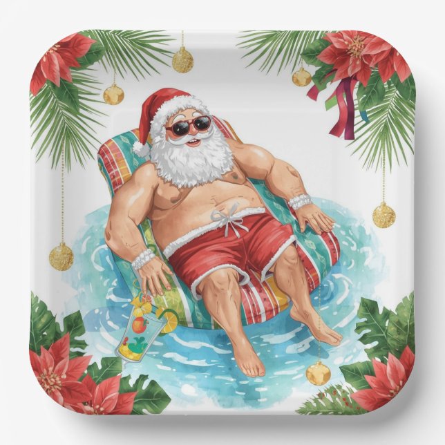 Weihnachtspoolparty mit dem Weihnachtsmann  Pappteller (Vorderseite)