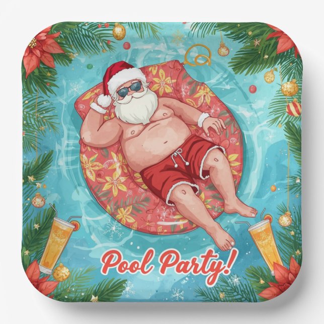 Weihnachtspoolparty mit dem Weihnachtsmann  Pappteller (Vorderseite)