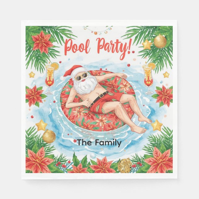 Weihnachtspoolparty mit dem Weihnachtsmann  Serviette (Vorderseite)