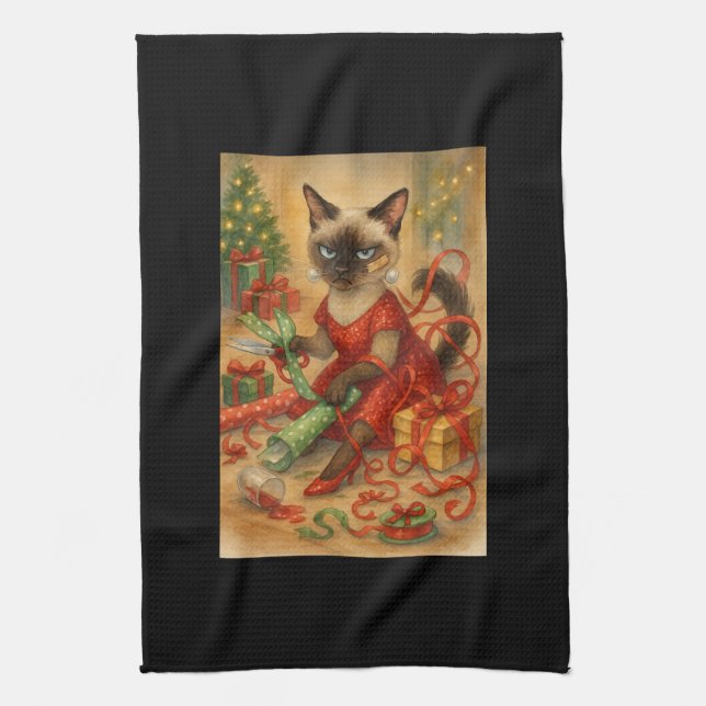 Weihnachtsposter Siamese Katze Feiertage Zuhause  Geschirrtuch (Vertikal)