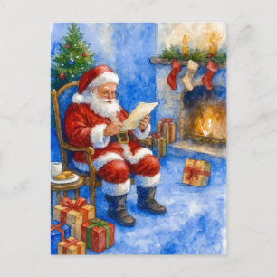 Weihnachtspostkarte mit Santa beim Lesen von Brief Feiertagspostkarte