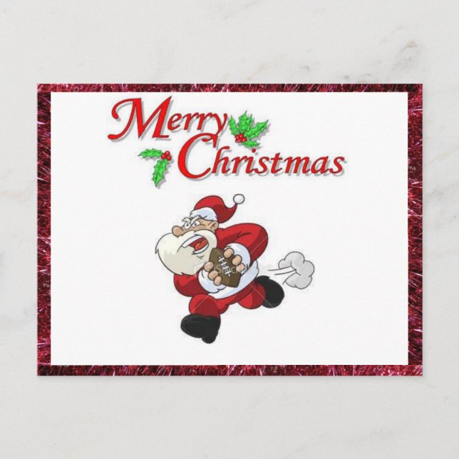 Weihnachtspostkarte mit Santa Playing Football Feiertagspostkarte (Vorderseite)