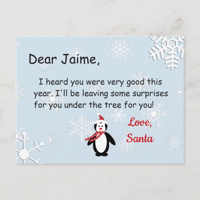 Weihnachtspostkarte vom Weihnachtsmann zum Kind Feiertagspostkarte (Vorderseite)