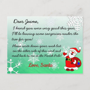 Weihnachtspostkarte vom Weihnachtsmann zum Kind Feiertagspostkarte