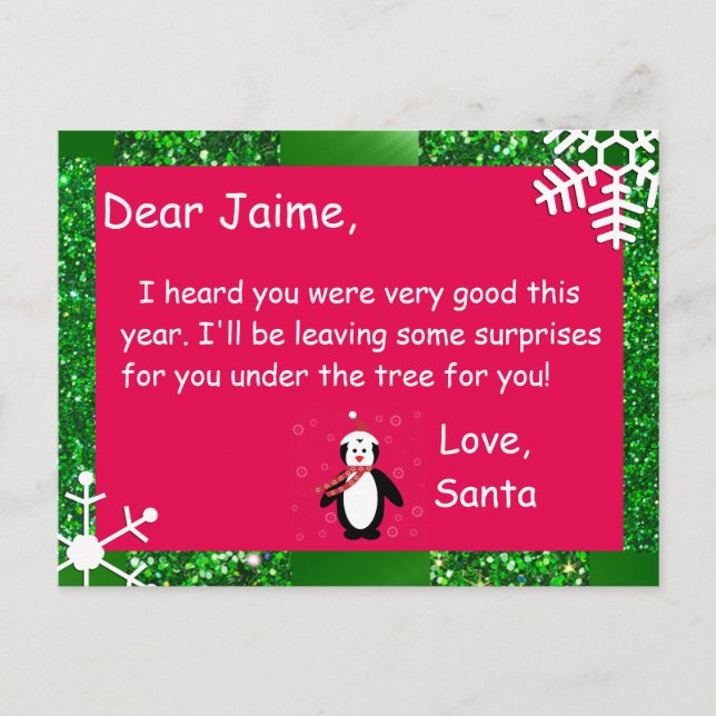 Weihnachtspostkarte vom Weihnachtsmann zum Kind Feiertagspostkarte (Vorderseite)