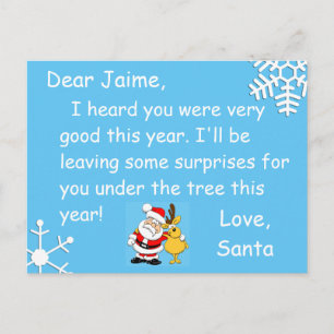 Weihnachtspostkarte vom Weihnachtsmann zum Kind Feiertagspostkarte