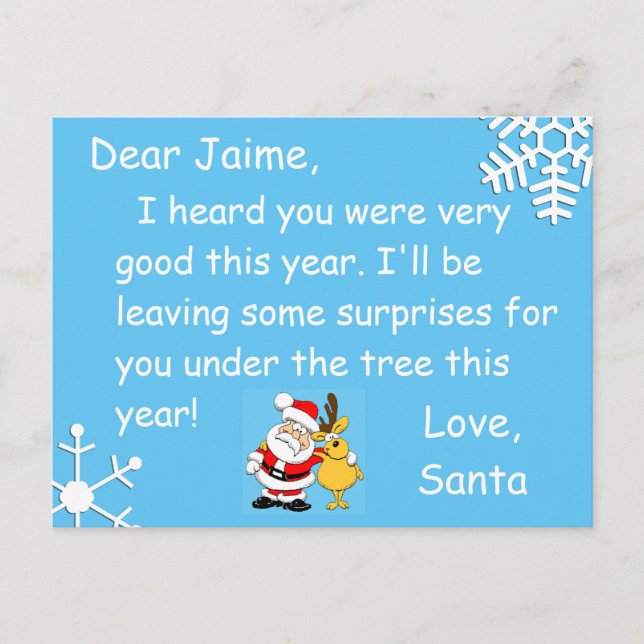 Weihnachtspostkarte vom Weihnachtsmann zum Kind Feiertagspostkarte (Vorderseite)