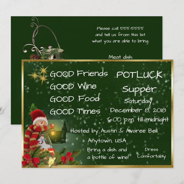 Weihnachtspotluck-Abendparty Einladung (Vorne/Hinten)