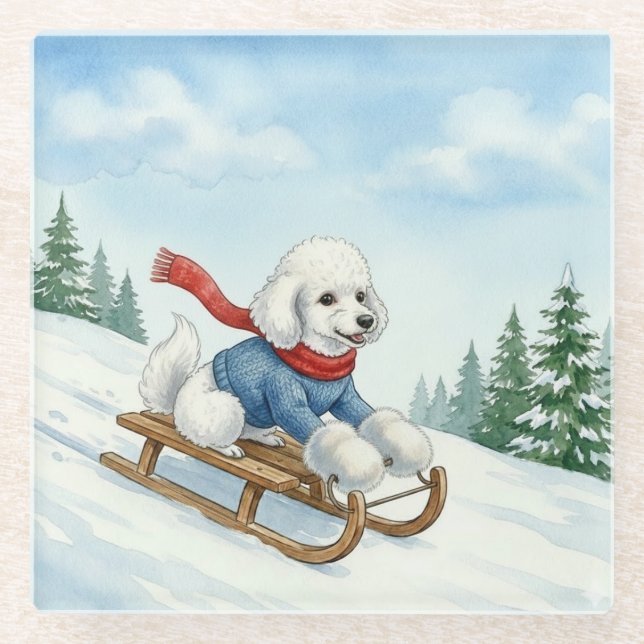 Weihnachtspudel Schlittenfahren, Glasuntersetzer (Vorderseite)
