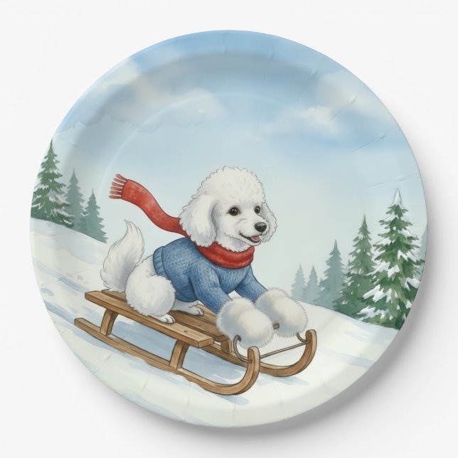 Weihnachtspudel-Schlittenfahren, Pappteller (Vorderseite)