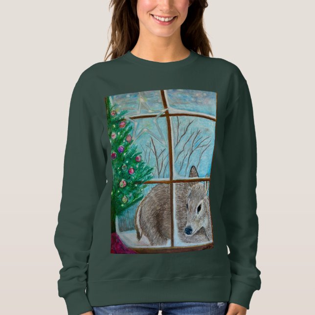 Weihnachtspullover: Hirsch schaut durchs Fenster Sweatshirt (Vorderseite)