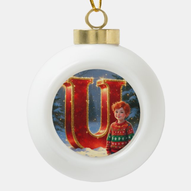 Weihnachtspullover mit personalisiertem Anfangsbuc Keramik Kugel-Ornament (Vorderseite)