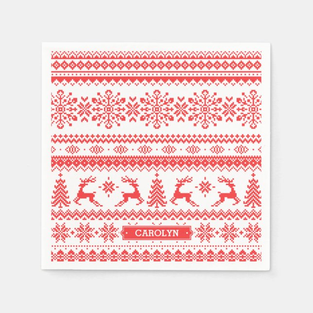 Weihnachtspullover rot Fair-Isle-Muster Monogramm Serviette (Vorderseite)