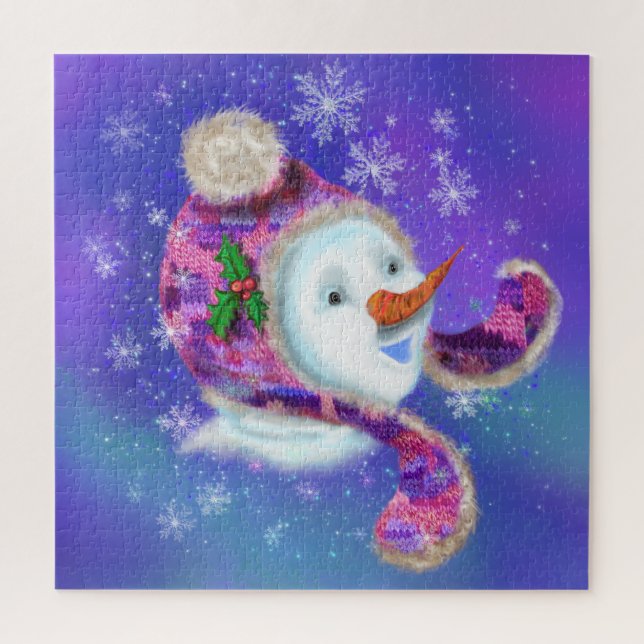 Weihnachtspuzzle Snowman in Lila rosa Hut Puzzle (Vertikal)