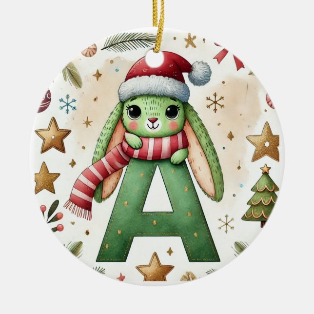 WeihnachtsRabbit mit Letter A - Aquarellturlaub Keramik Ornament (Vorne)
