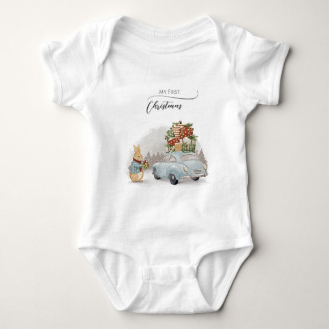 Weihnachtsrabbit Peter und Auto Baby Strampler (Vorderseite)