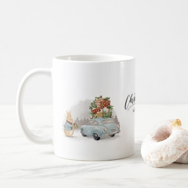 Weihnachtsrabbit Peter und Auto Kaffeetasse (Mit Donut)