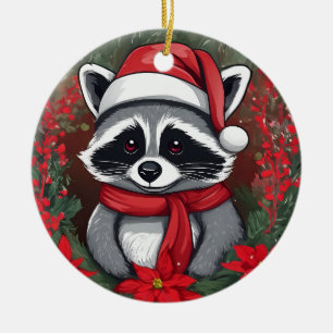 Weihnachtsraccoon mit Poinsettias-Weihnachtsmannmü Keramik Ornament