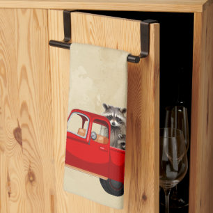 Weihnachtsraccos in einem roten LKW Geschirrtuch