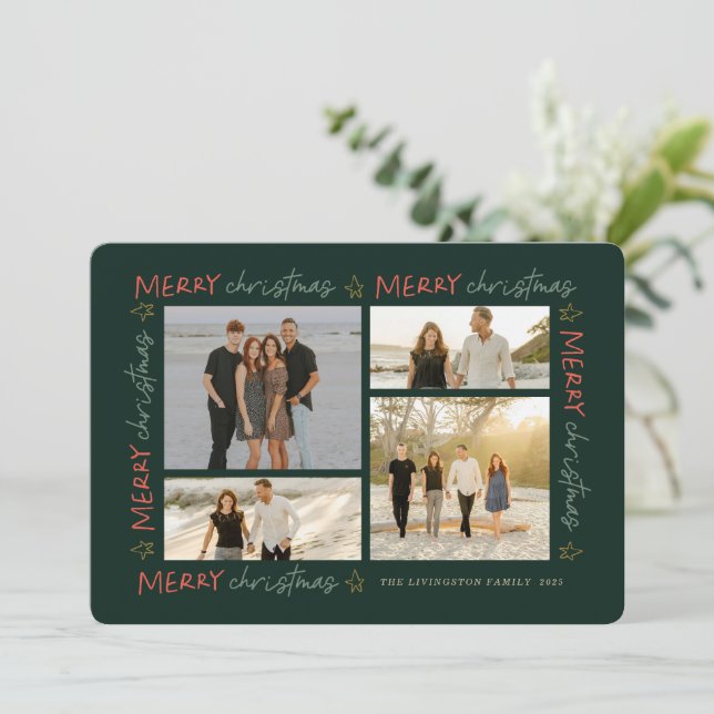 Weihnachtsrahmen 4-Foto-Karte Feiertagskarte (Stehend Vorderseite)