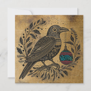 Weihnachtsraven im Holzschnitt mit Farbschmuck Feiertagskarte